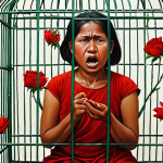 A vibrant, symbolic painting by a Burmese artist, subtly protesting political oppression through hidden metaphors like a caged bird or wilting flowers. The colors are intense, with reds representing anger and green symbolizing hope, embodying the struggle for freedom of speech.