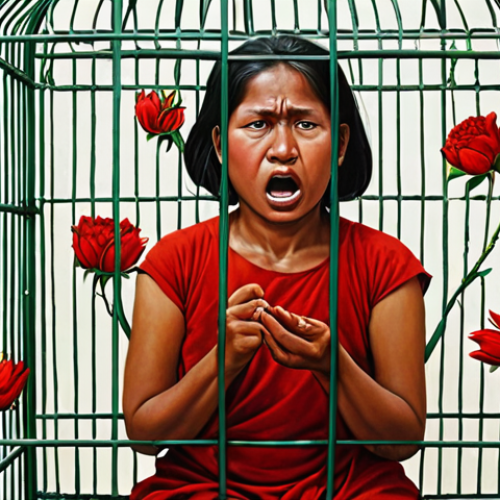 A vibrant, symbolic painting by a Burmese artist, subtly protesting political oppression through hidden metaphors like a caged bird or wilting flowers. The colors are intense, with reds representing anger and green symbolizing hope, embodying the struggle for freedom of speech.