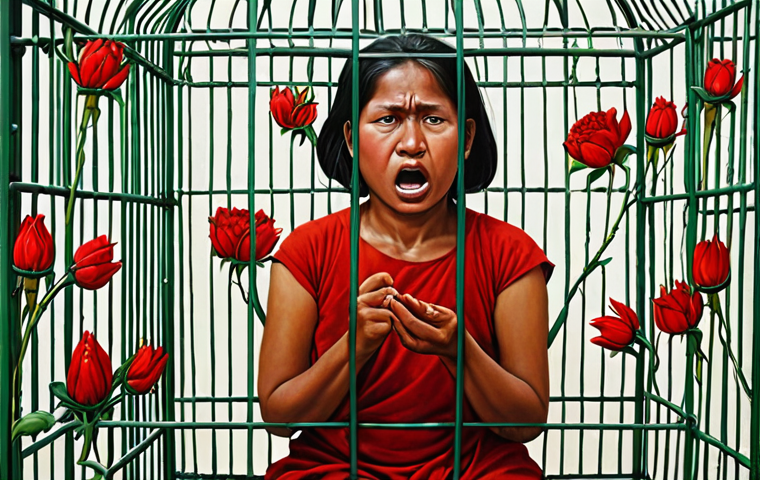 A vibrant, symbolic painting by a Burmese artist, subtly protesting political oppression through hidden metaphors like a caged bird or wilting flowers. The colors are intense, with reds representing anger and green symbolizing hope, embodying the struggle for freedom of speech.