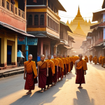 Monks collecting alms at dawn in a bustling Burmese street, with golden pagodas in the background.