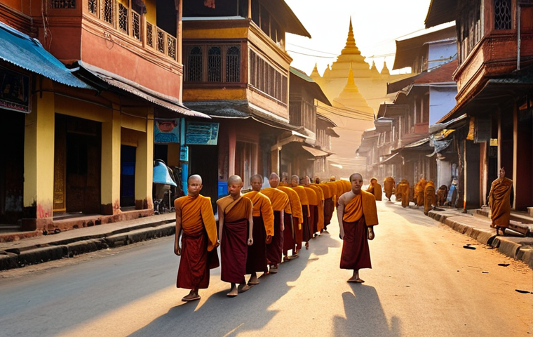 Monks collecting alms at dawn in a bustling Burmese street, with golden pagodas in the background.
